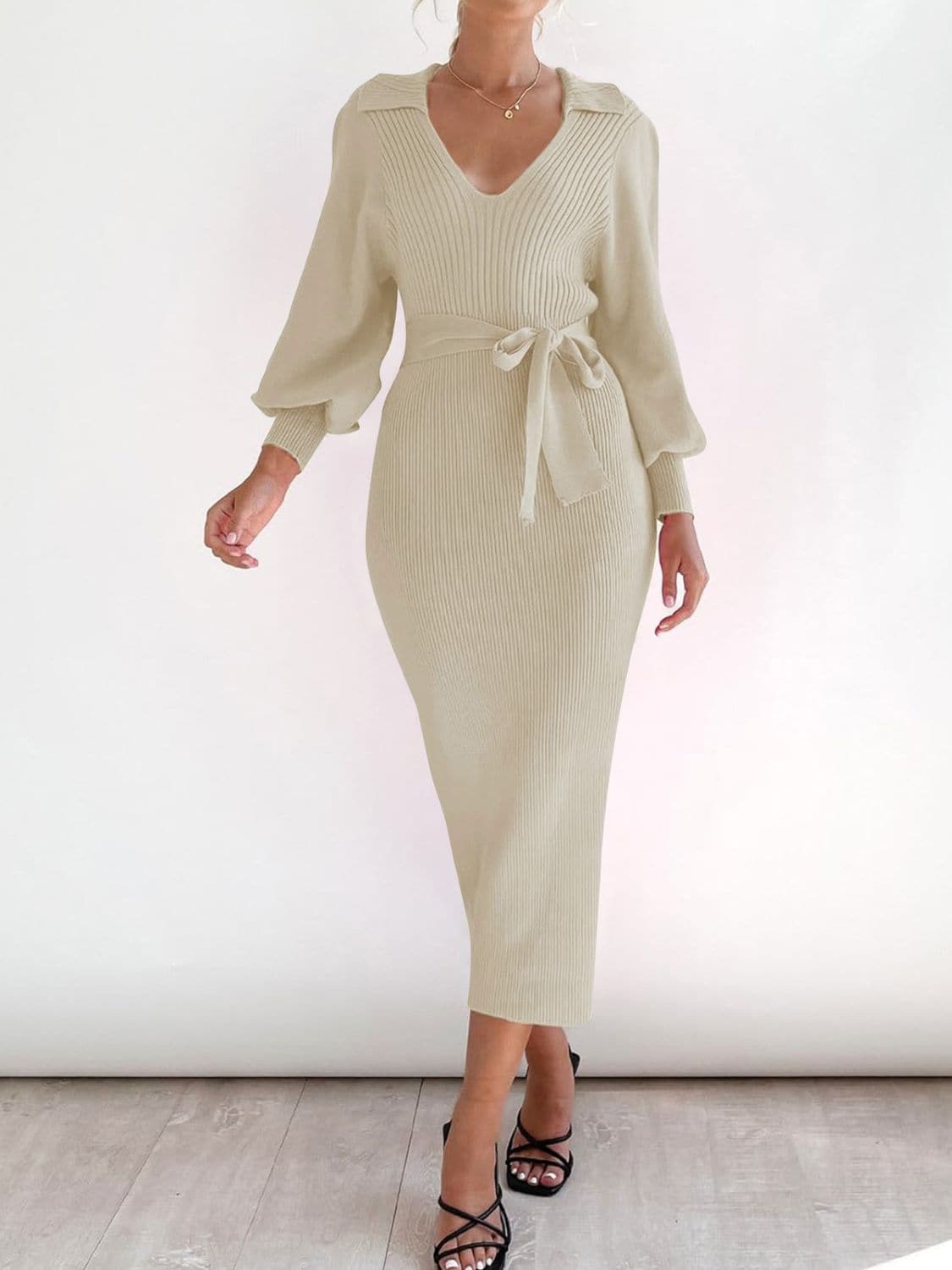 Tied Long Sleeve Wrap Sweater Dress.