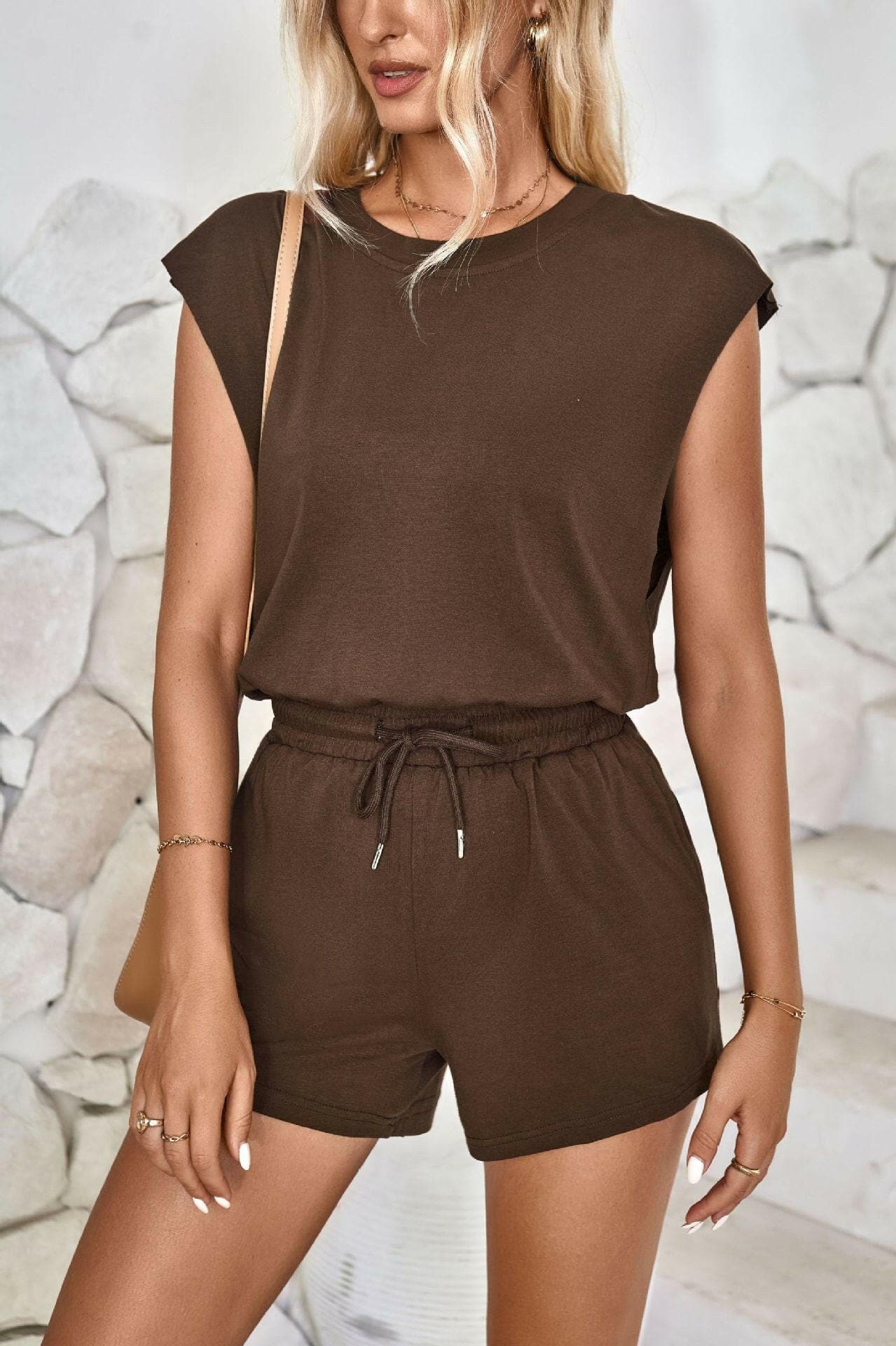 Cutout Round Neck Cap Sleeve Romper.