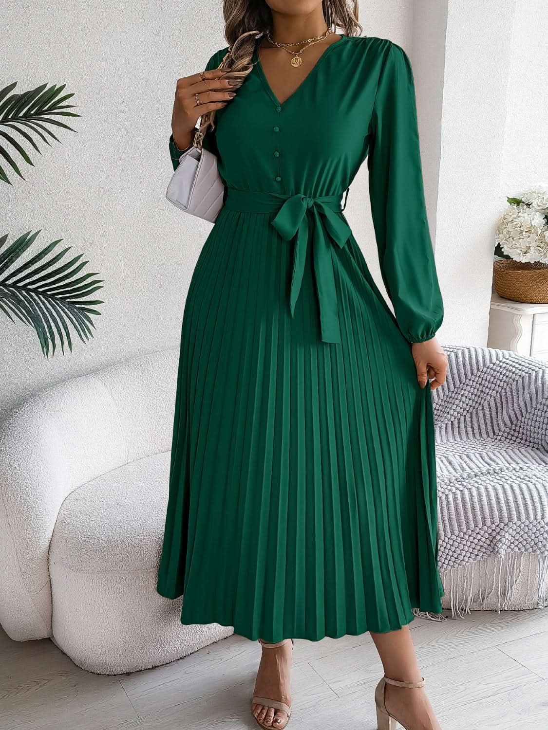 Elegant V-Neck Long Sleeve Dress with Sheer Tied Design