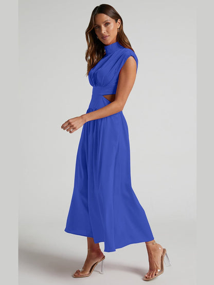 Cutout Mock Neck Sleeveless Ruched Dress.