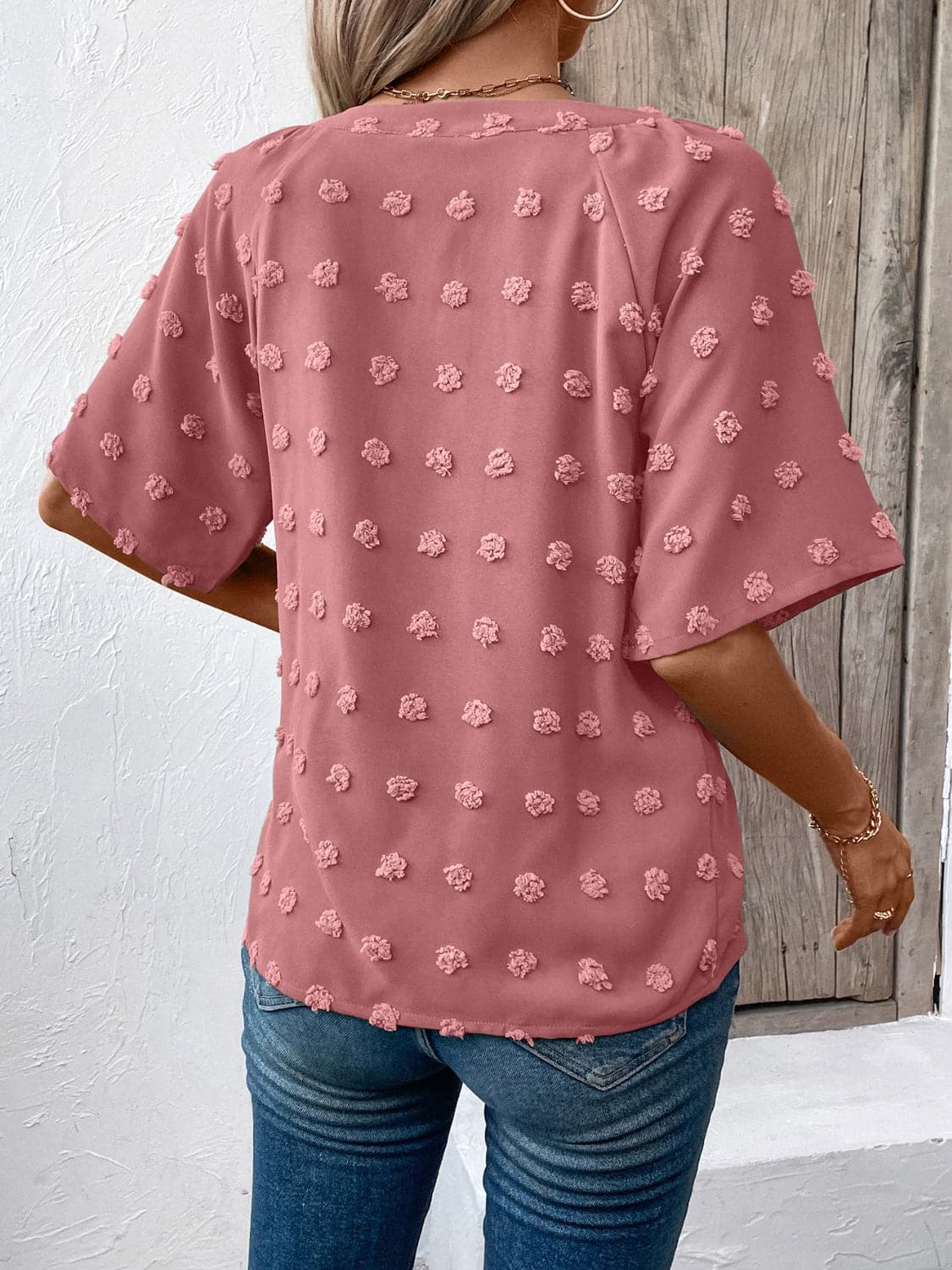 Swiss Dot Notched Half Sleeve Blouse.