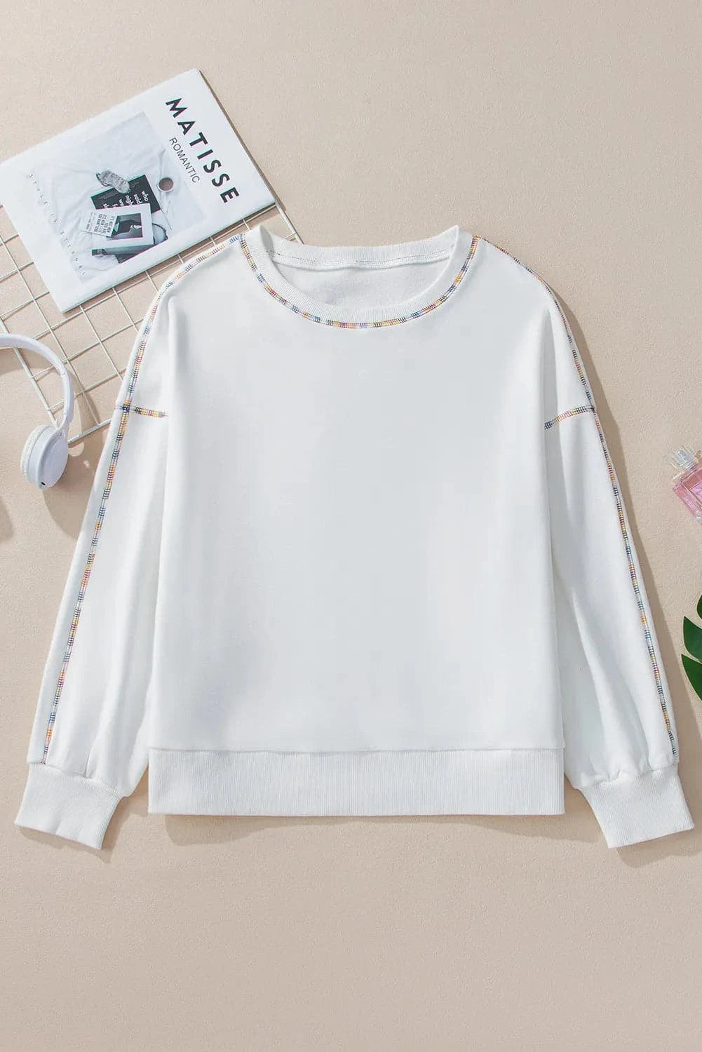 Rainbow Trim Round Neck Long Sleeve Sweatshirt.