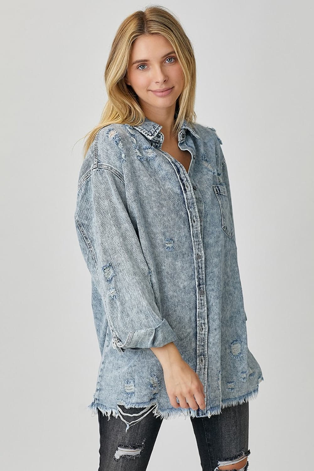 RISEN Distressed Raw Hem Denim Shirt.