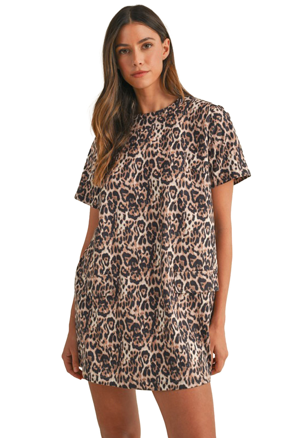 Chic Brown Leopard Print Shift Mini T-Shirt Dress with Crew Neck