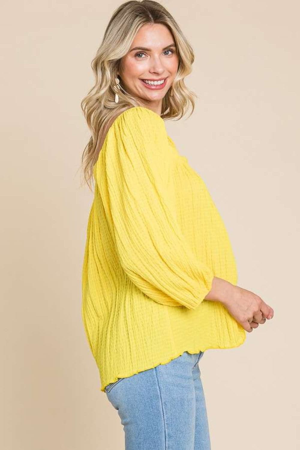 Culture Code Texture Square Neck Puff Sleeve Top.