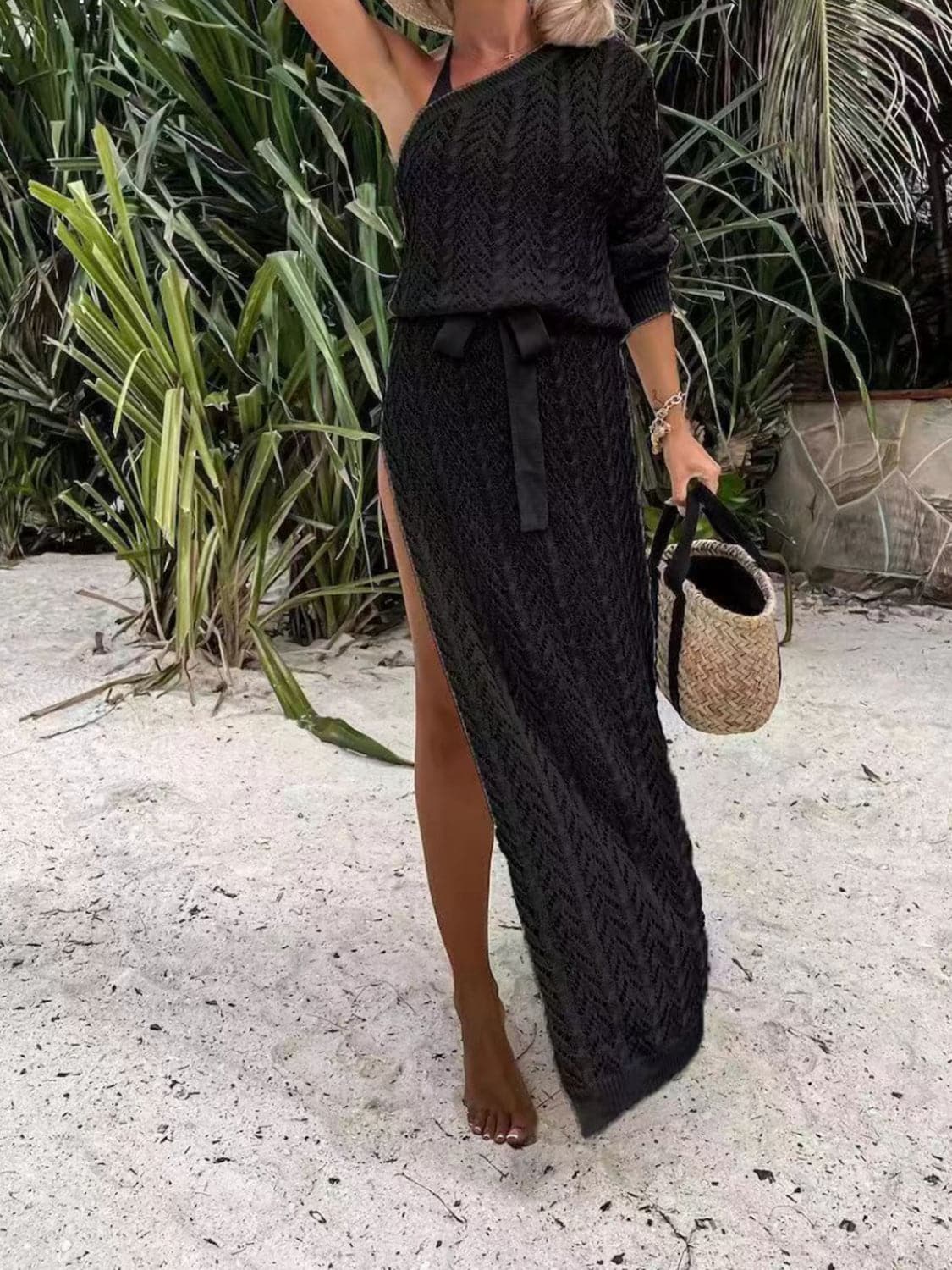 Slit Openwork Single Shoulder Knit Dress.