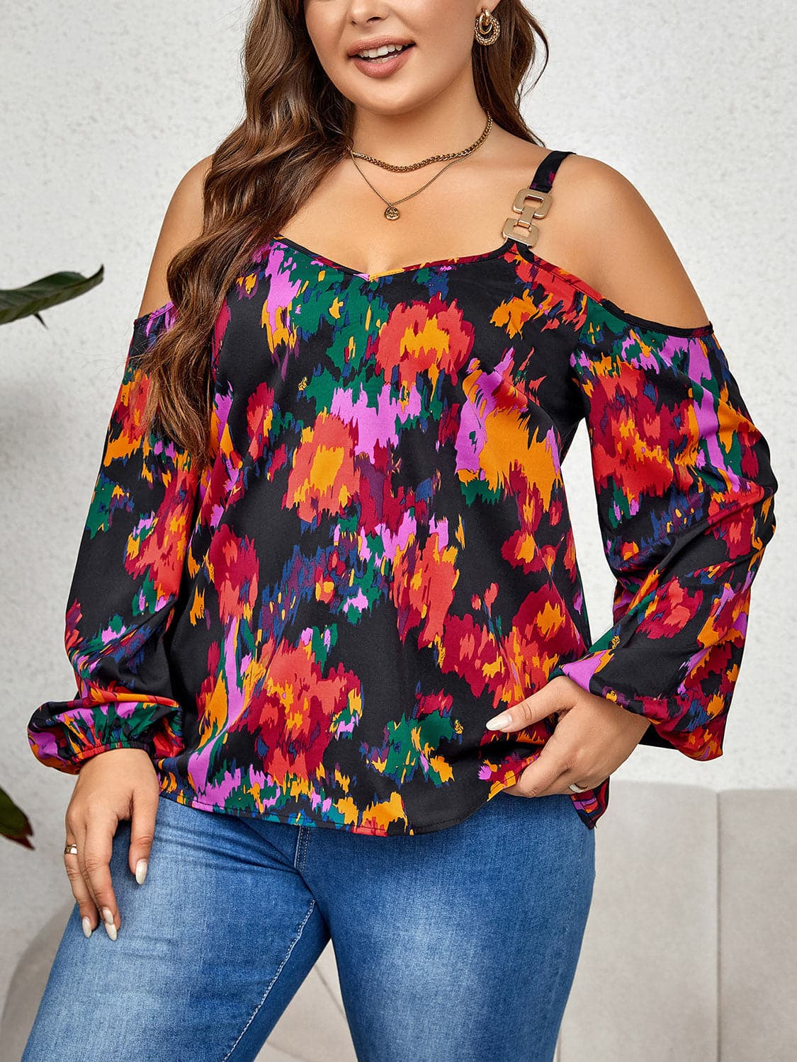 Plus Size Printed Cold Shoulder Long Sleeve Blouse.