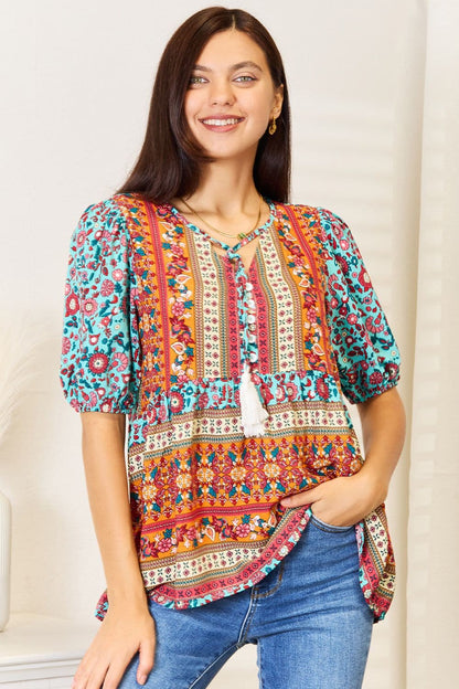 Bohemian Tassel Tie Puff Sleeve Babydoll Blouse.