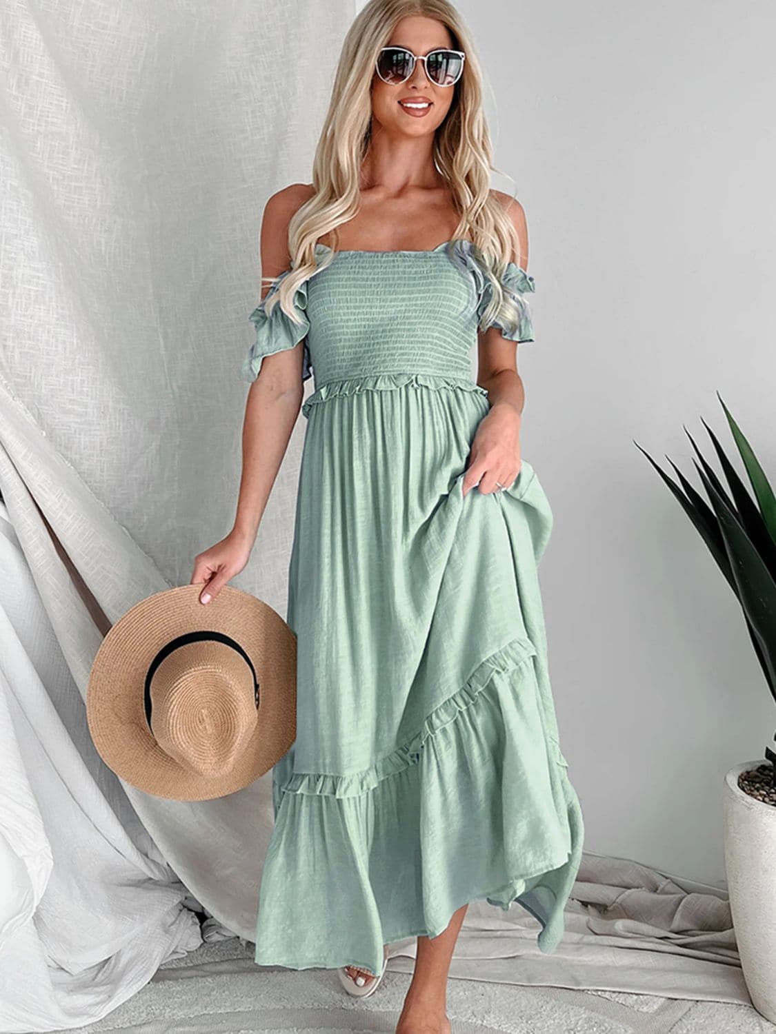 Frill Smocked Off-Shoulder Ruffle Sleeve Dress.