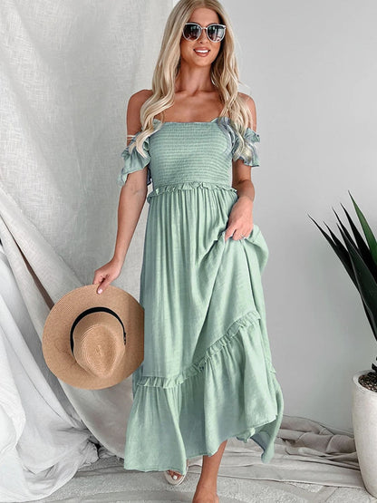 Frill Smocked Off-Shoulder Ruffle Sleeve Dress.