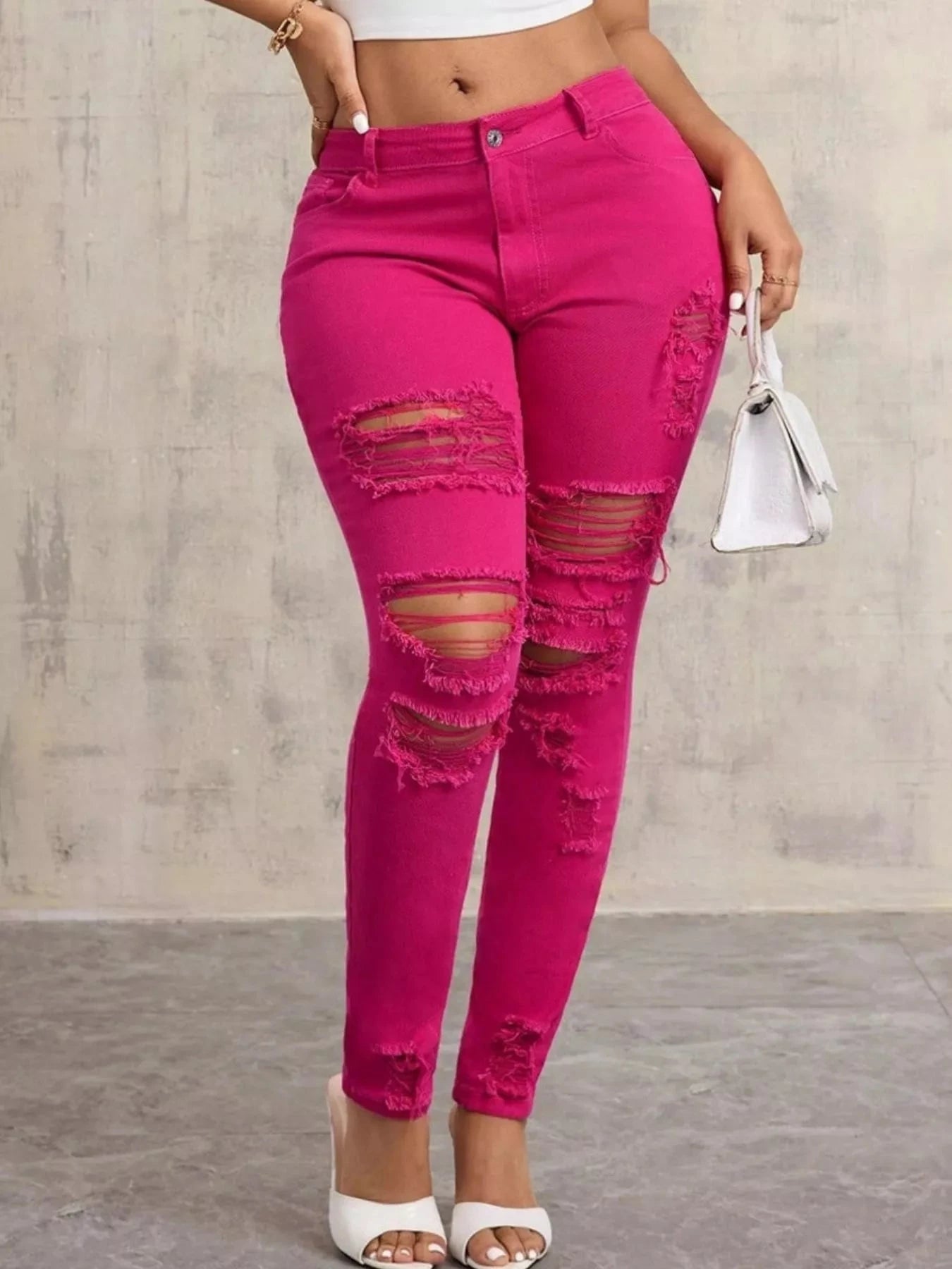 Fuchsia Fierce Distressed High-Waisted Skinny Jeans Coco’s Tee Boutique