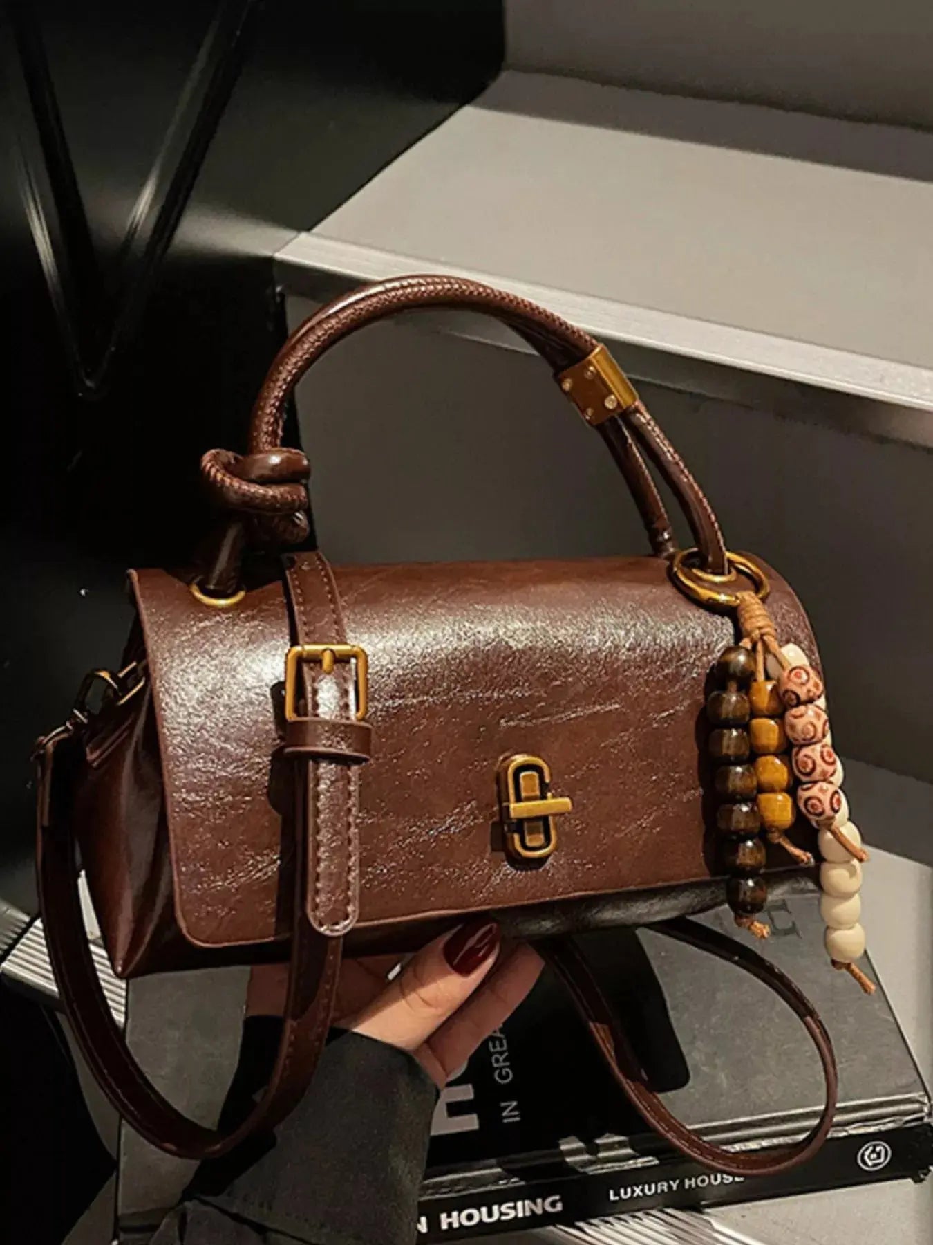 Leather Crossbody Bag with Bead Charm Simply Love