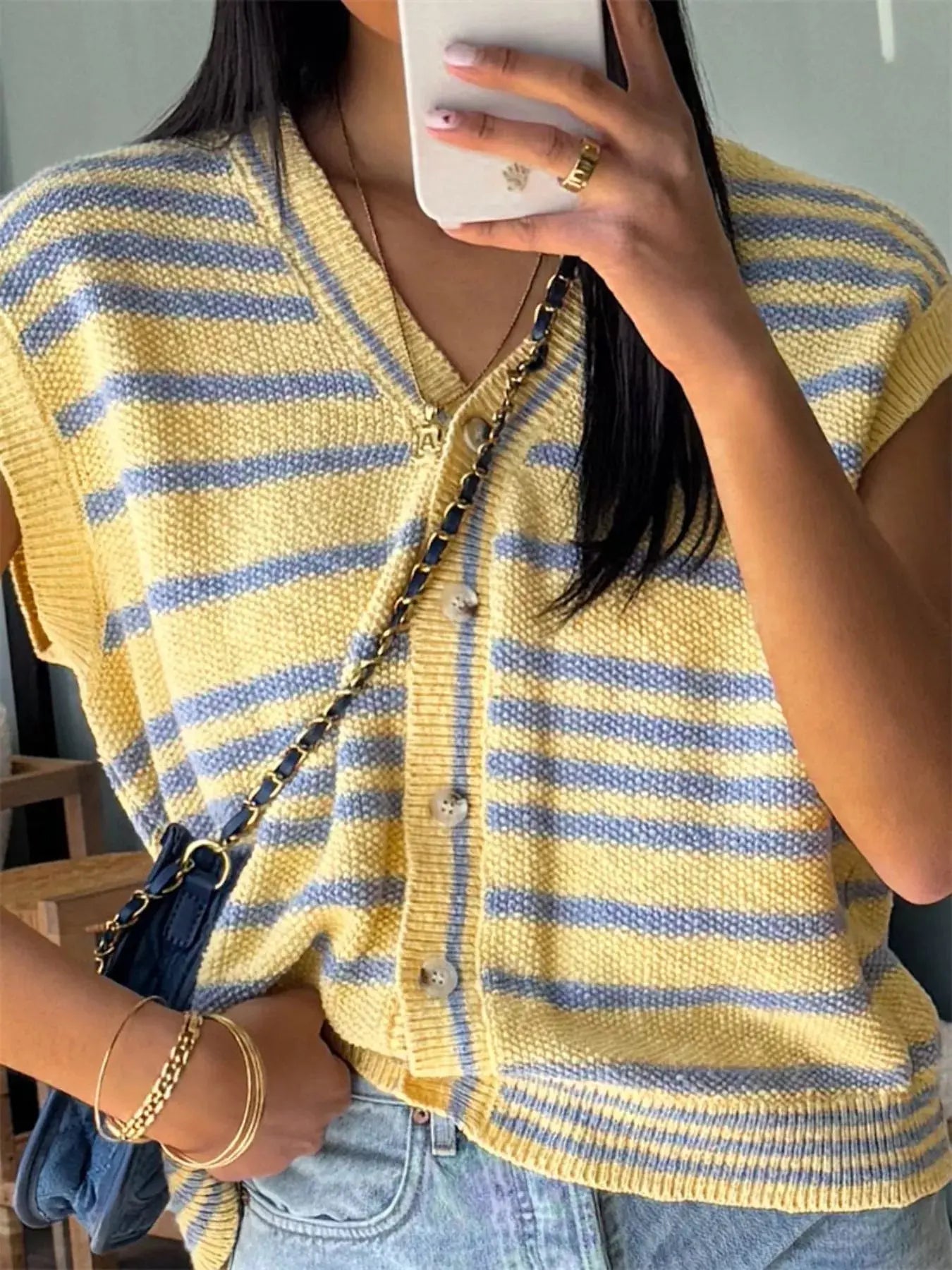 Striped Knit Button Up Cap Sleeve Cardigan Simply Love