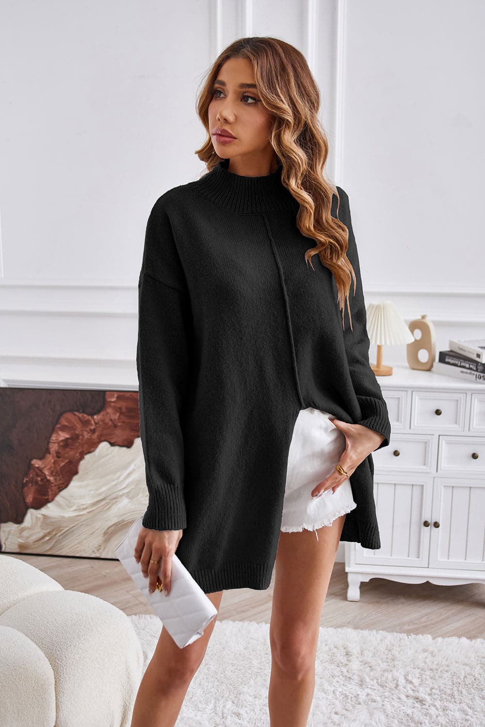 Exposed Seam Mock Neck Slit Sweater.