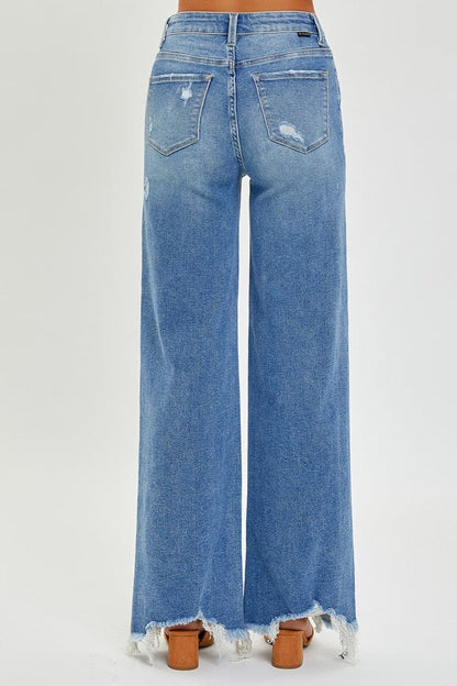 Risen Full Size High Rise Frayed Hem Wide Leg Jeans.