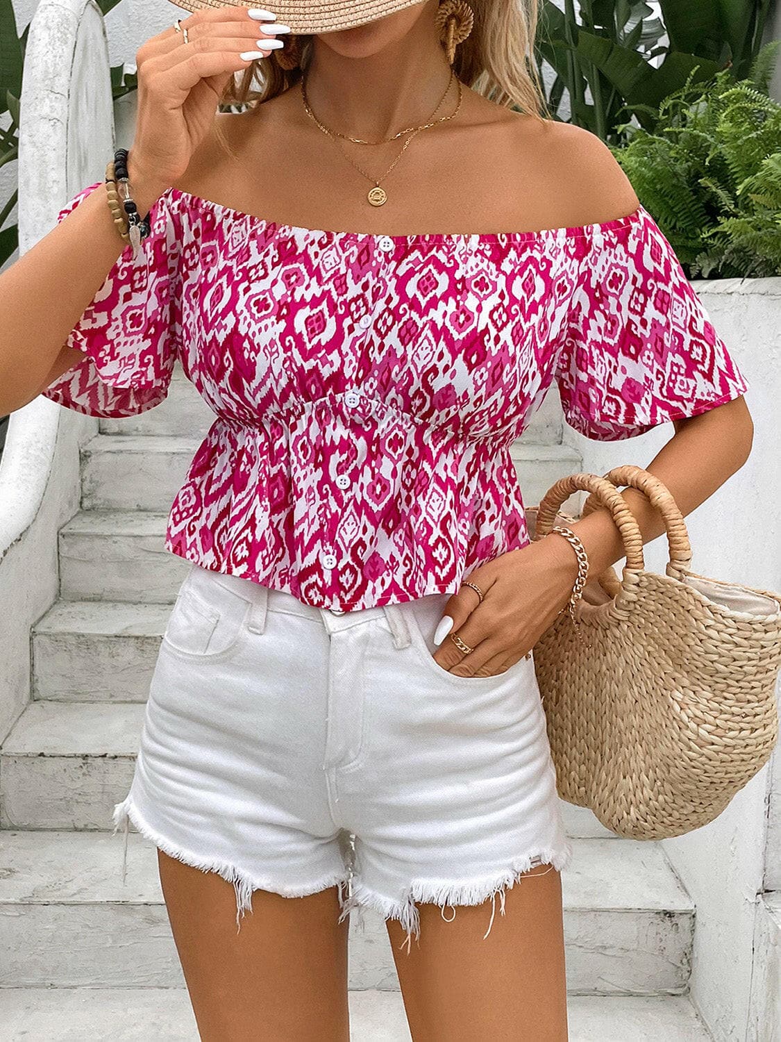 Peplum Printed Off-Shoulder Short Sleeve Blouse.