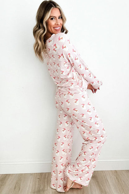 Festive Santa Patterned Long Sleeve Lounge Set with Pants