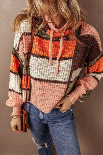 Drawstring Color Block Long Sleeve Sweater.