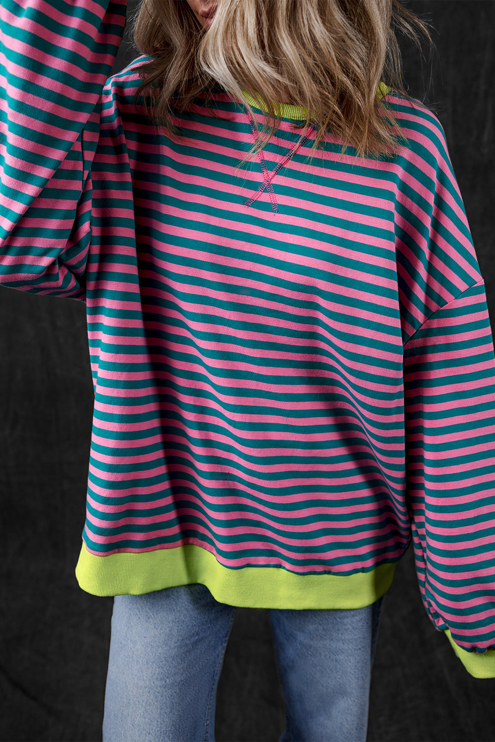 Trendy green striped oversized pullover with contrast detailing