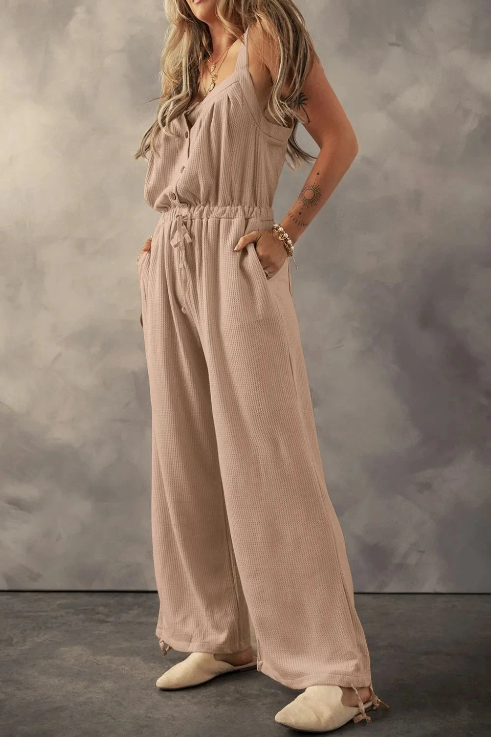 Knotted Straps Button Textured Drawstring Jumpsuit Simply Love