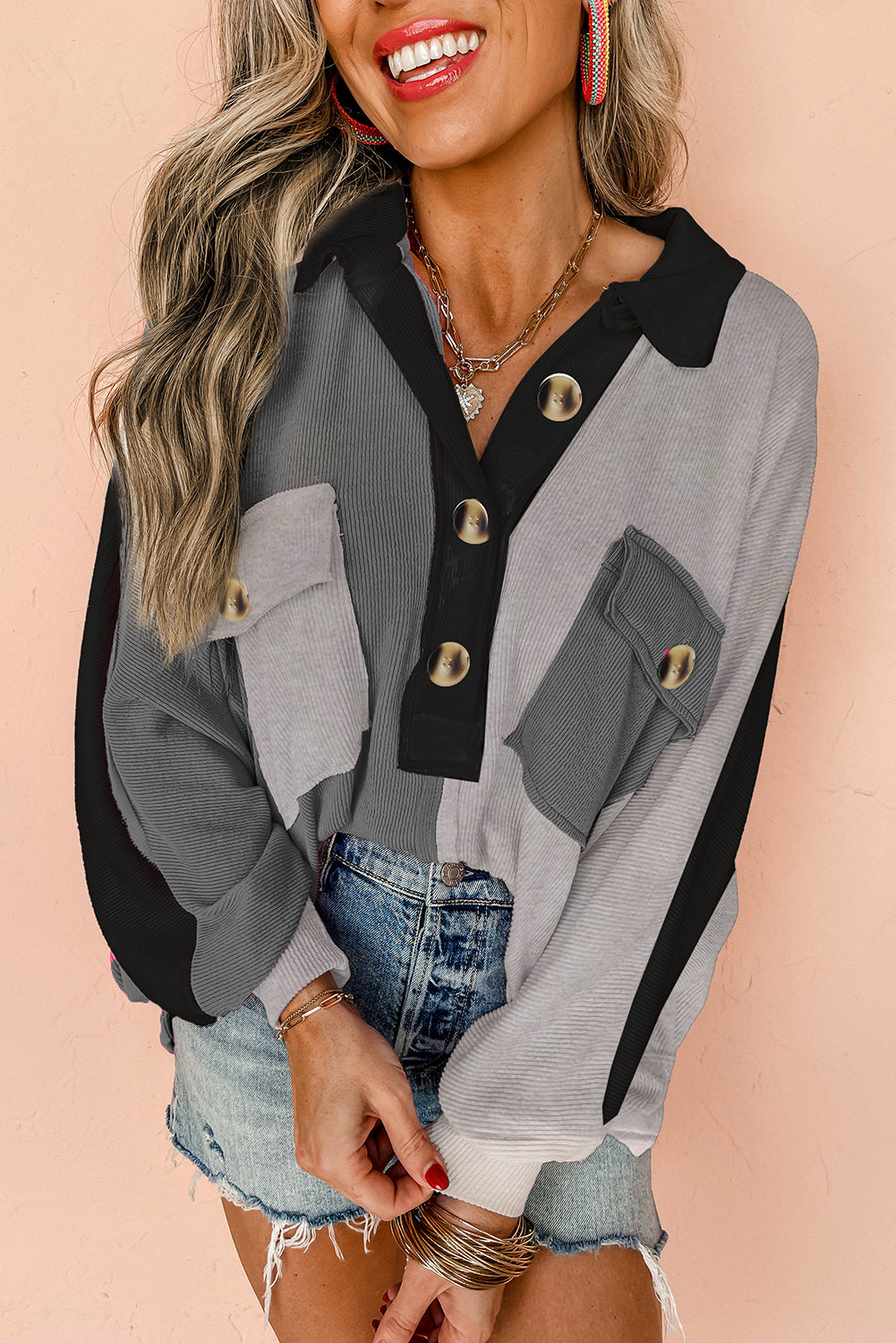 Gray colorblock oversized sweatshirt with collared neckline and button detail