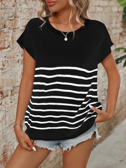 Striped Round Neck Short Sleeve Knit Top.