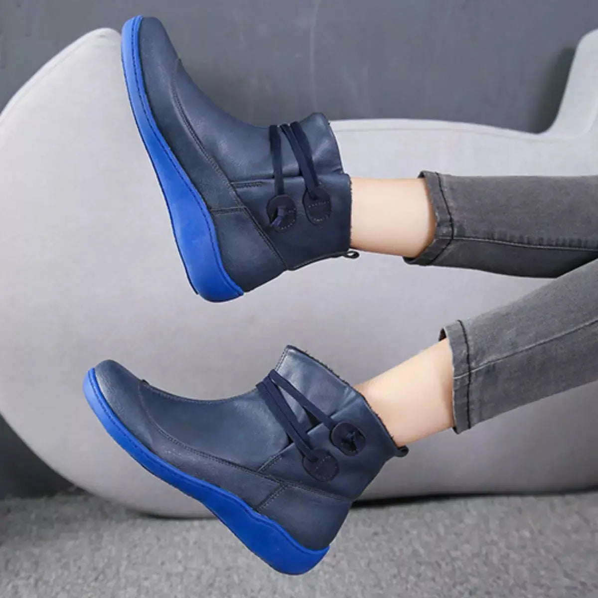 Women Button Detail Ankle Boots PU Leather Flat Heel Rubber Sole Simply Love