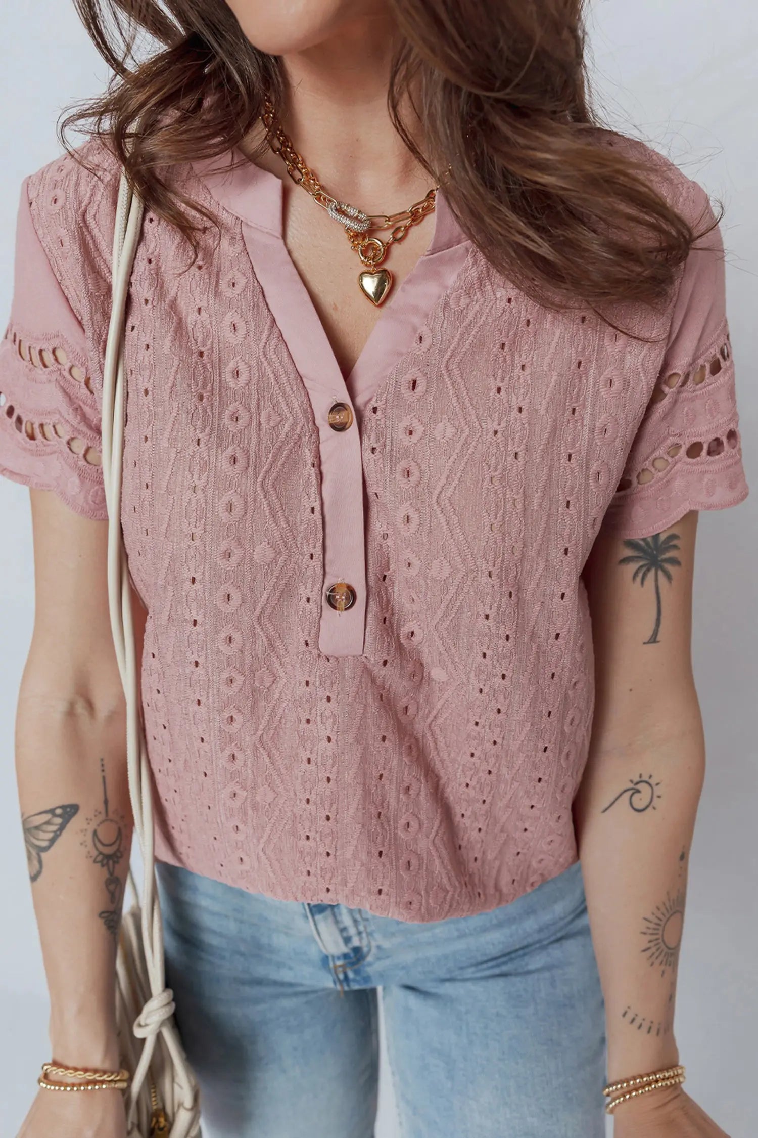 Fuchsia Textured Embroidered Half Buttons Short Sleeve Blouse Dear-Lover Dropshipping
