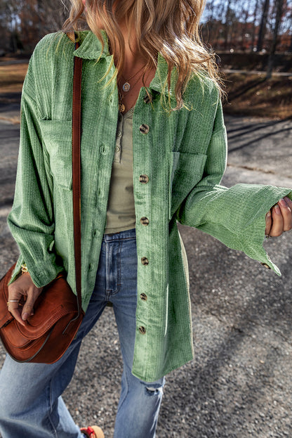 Chic mist green corduroy shacket with patched pockets