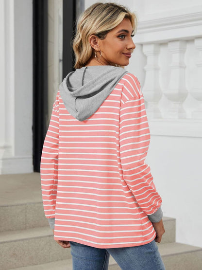 Drawstring Striped Long Sleeve Hoodie.