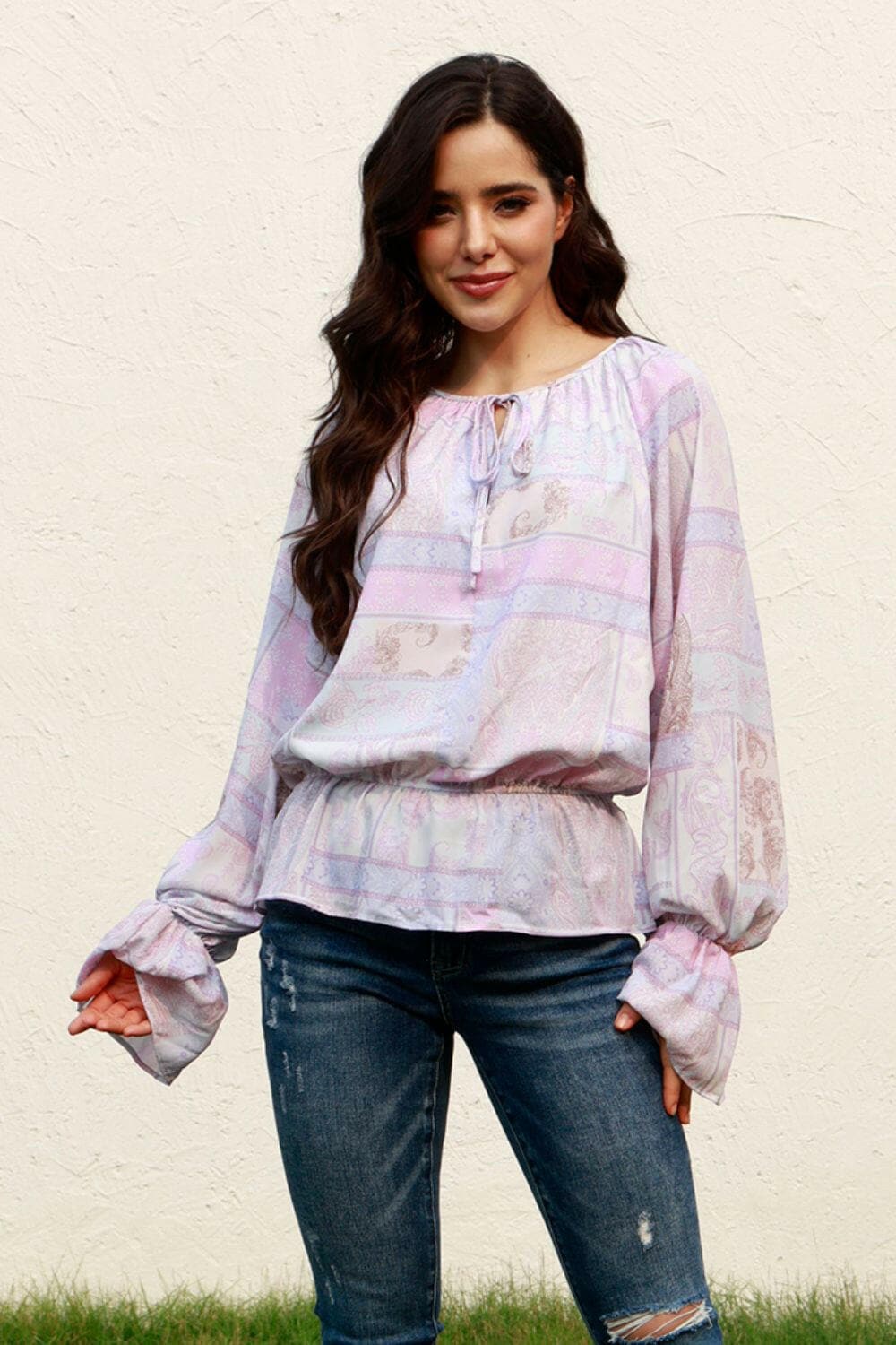 Printed Tie Neck Flounce Sleeve Blouse.