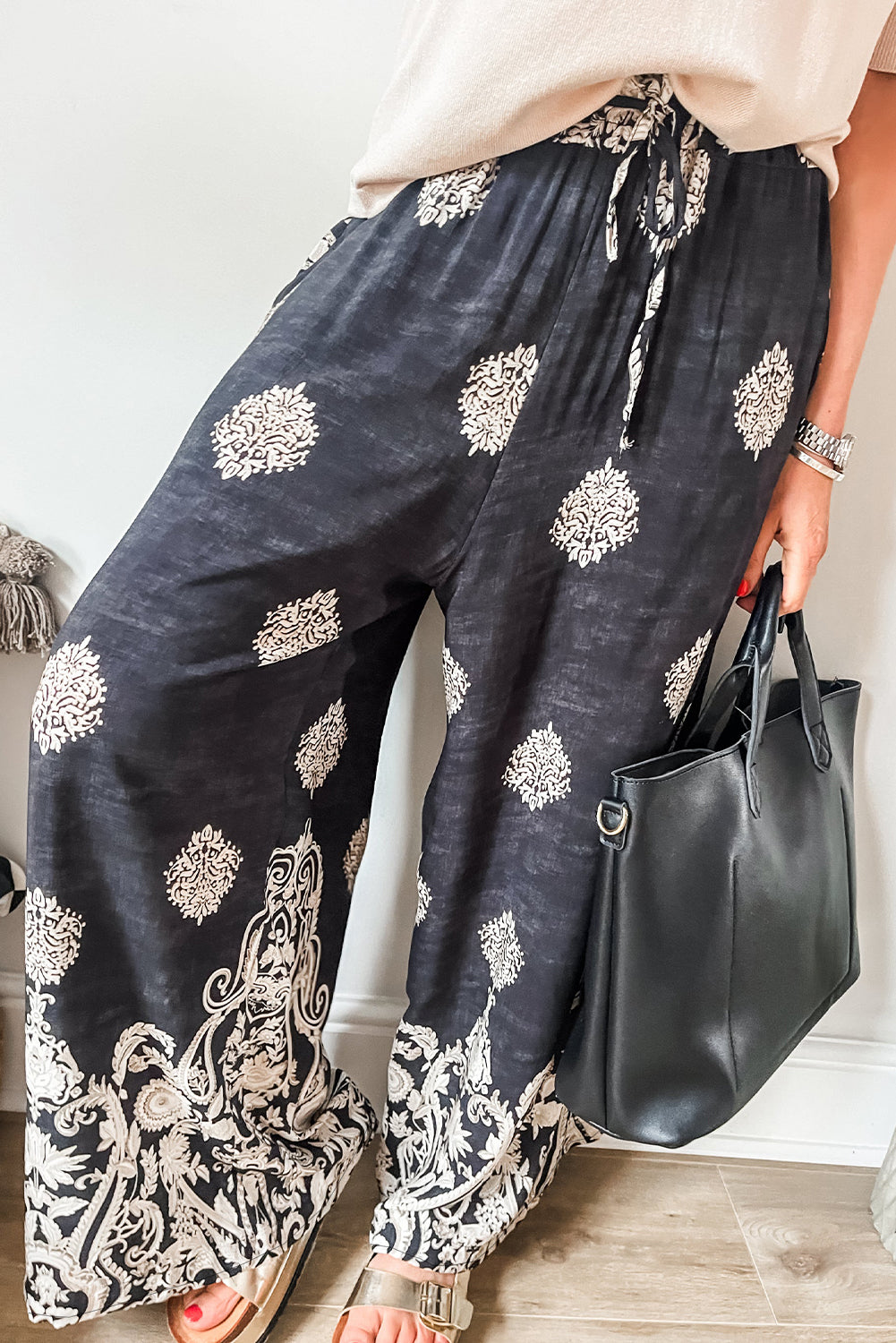 Boho black wide-leg trousers