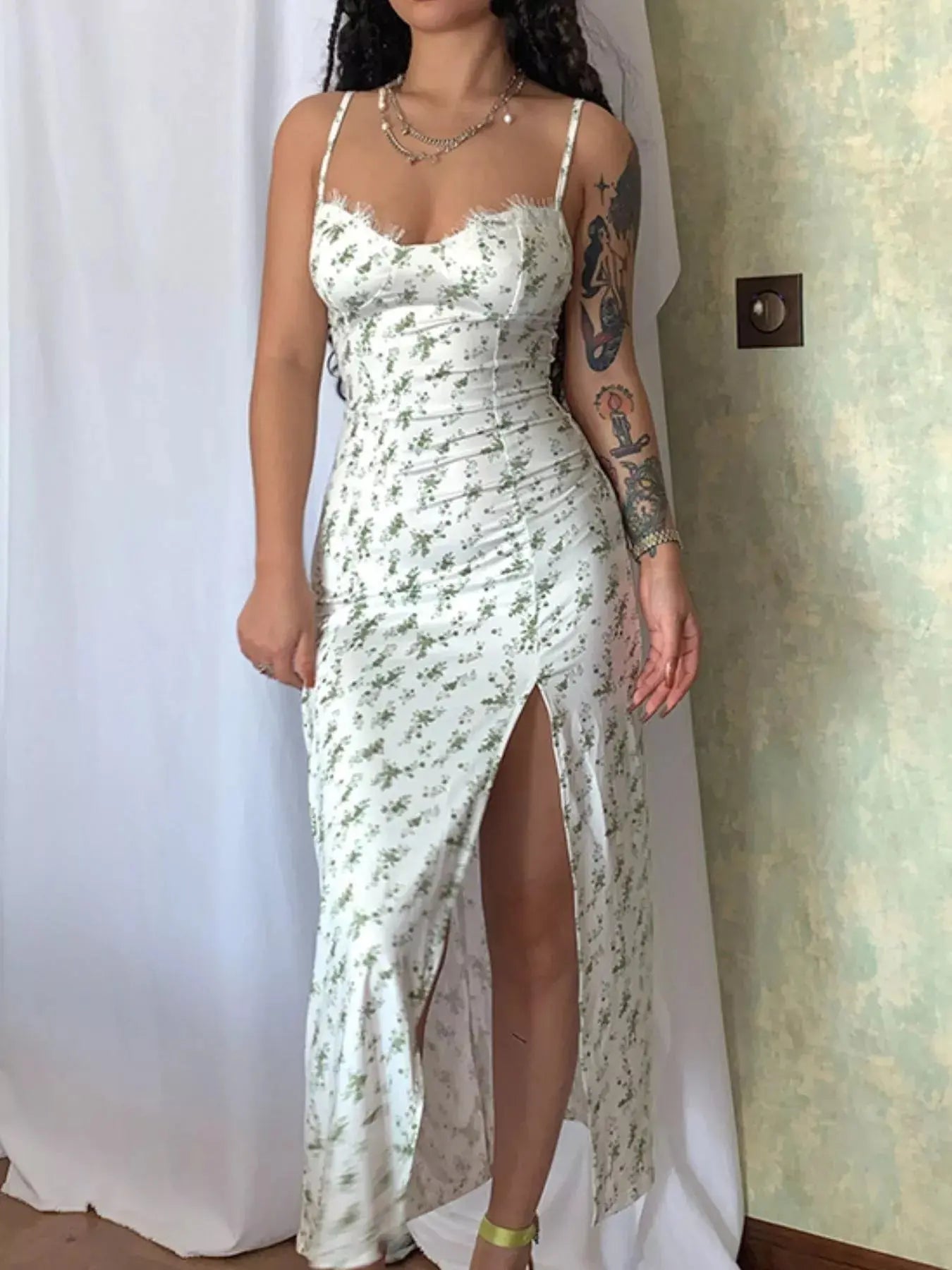 Floral Print Lace Trim Slit Midi Dress Simply Love