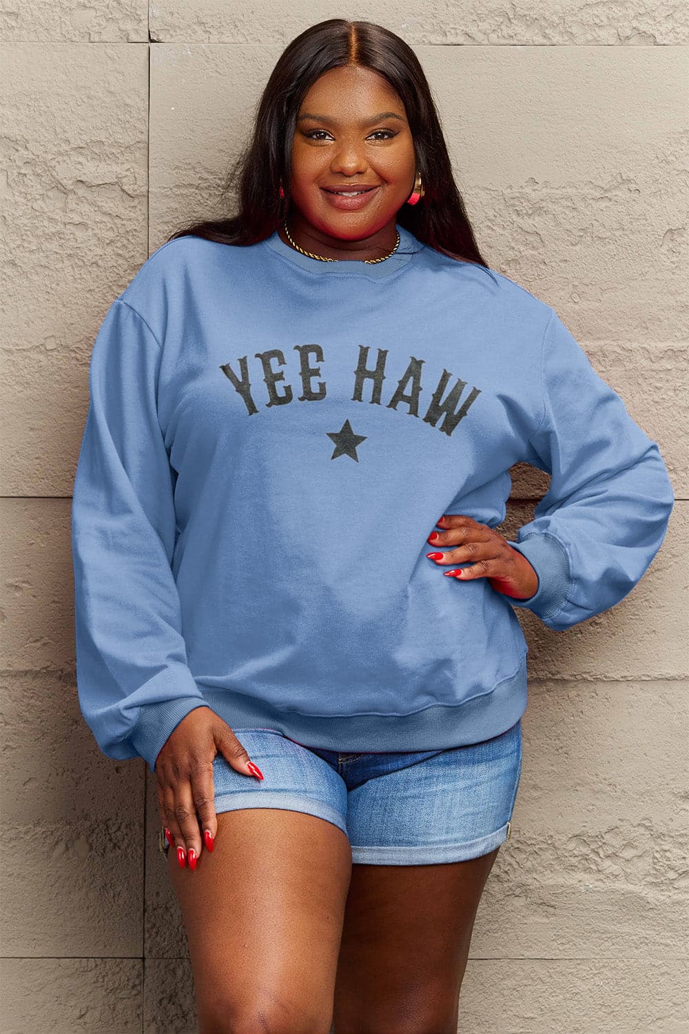 Simply Love Full Size YEEHAW Graphic Round Neck Sweatshirt.