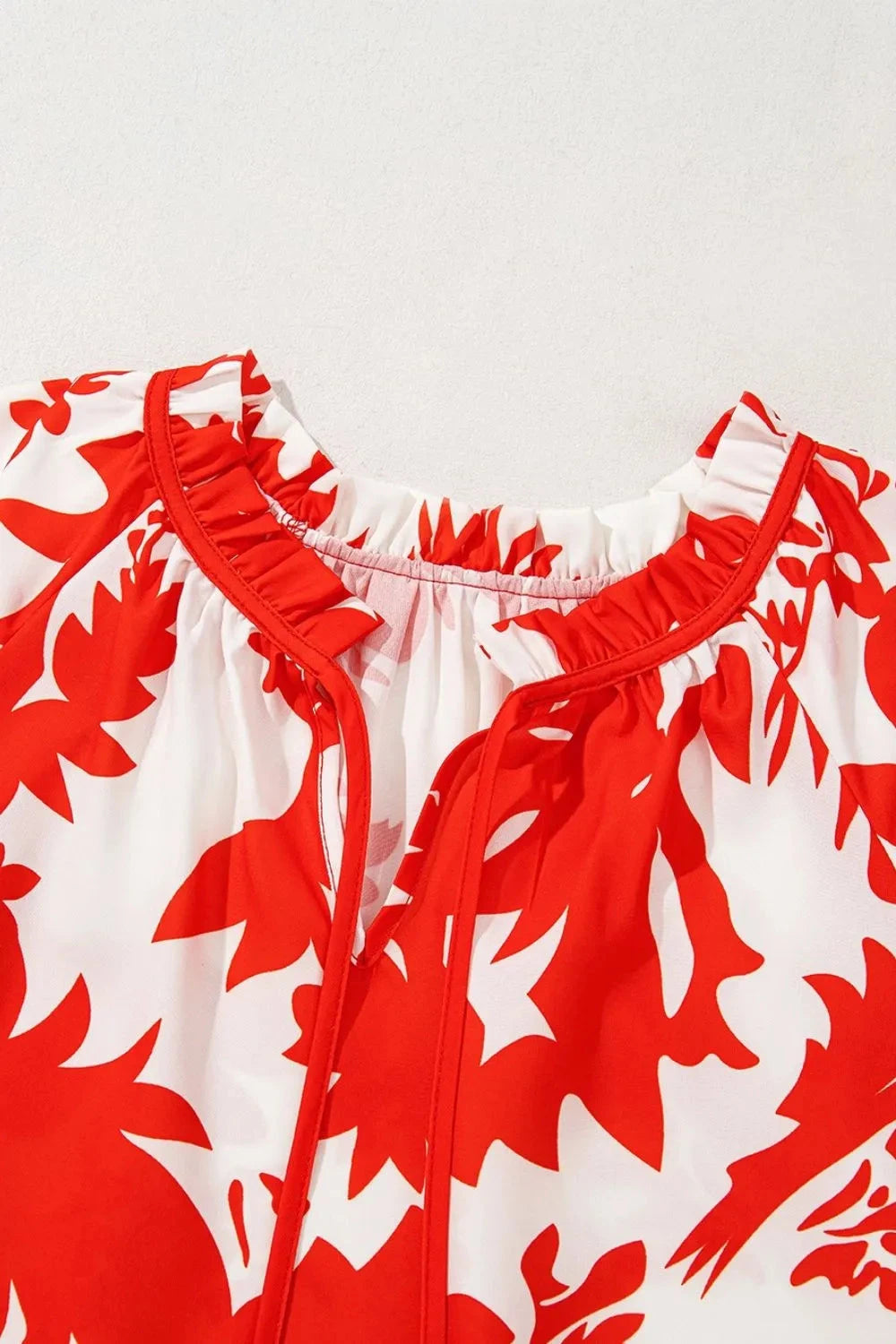 Plant Print Tiered Ruffled Sleeve Tie Neck Blouse Simply Love