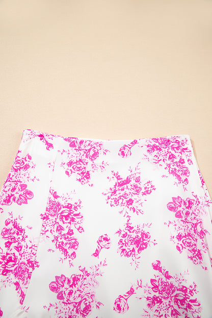 Rose Boho Floral High Waist Ruffle Split Maxi Skirt for Women