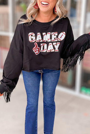 Black cropped rugby sweatshirt with tassels and sequins