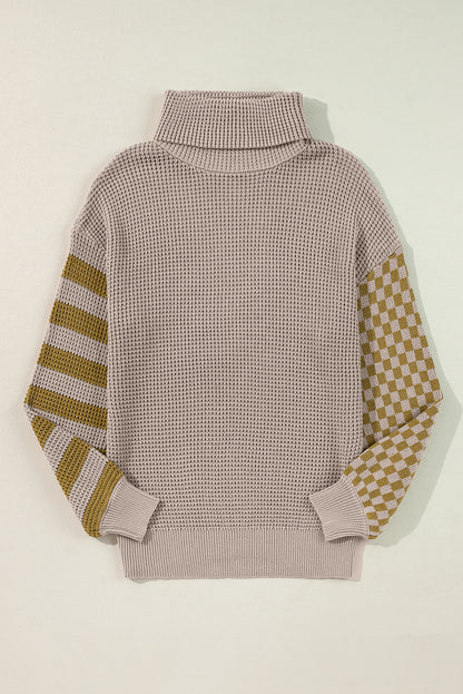 Cozy smoke gray patchwork turtleneck sweater with waffle knit texture