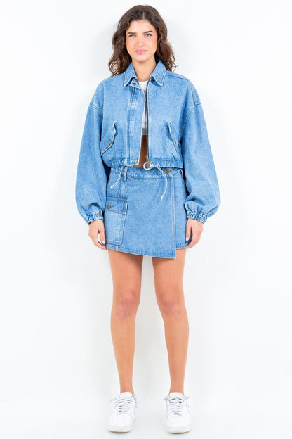 Cropped denim jacket with drawstring waist