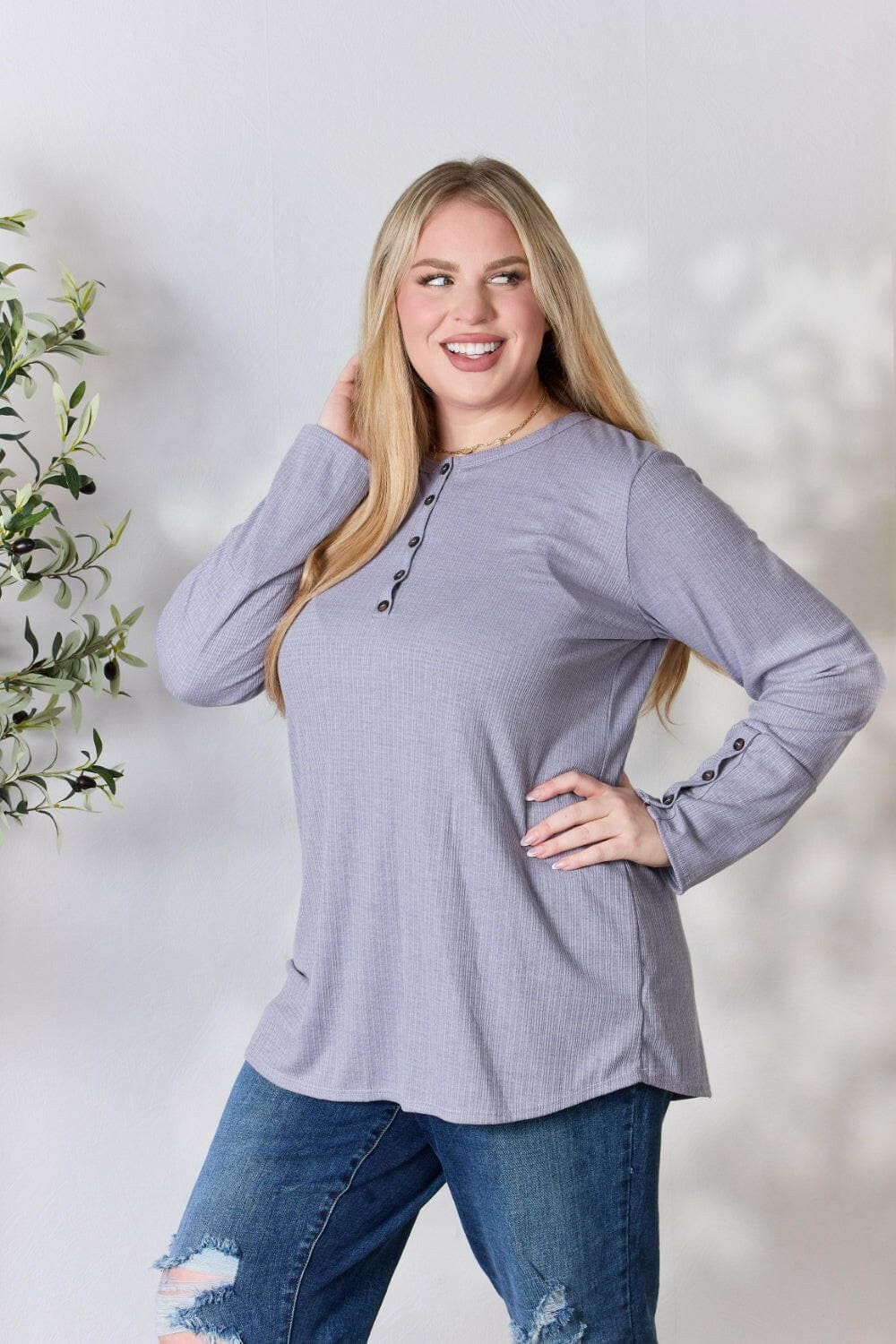 Heimish Full Size Texture Half Button Long Sleeve Top.