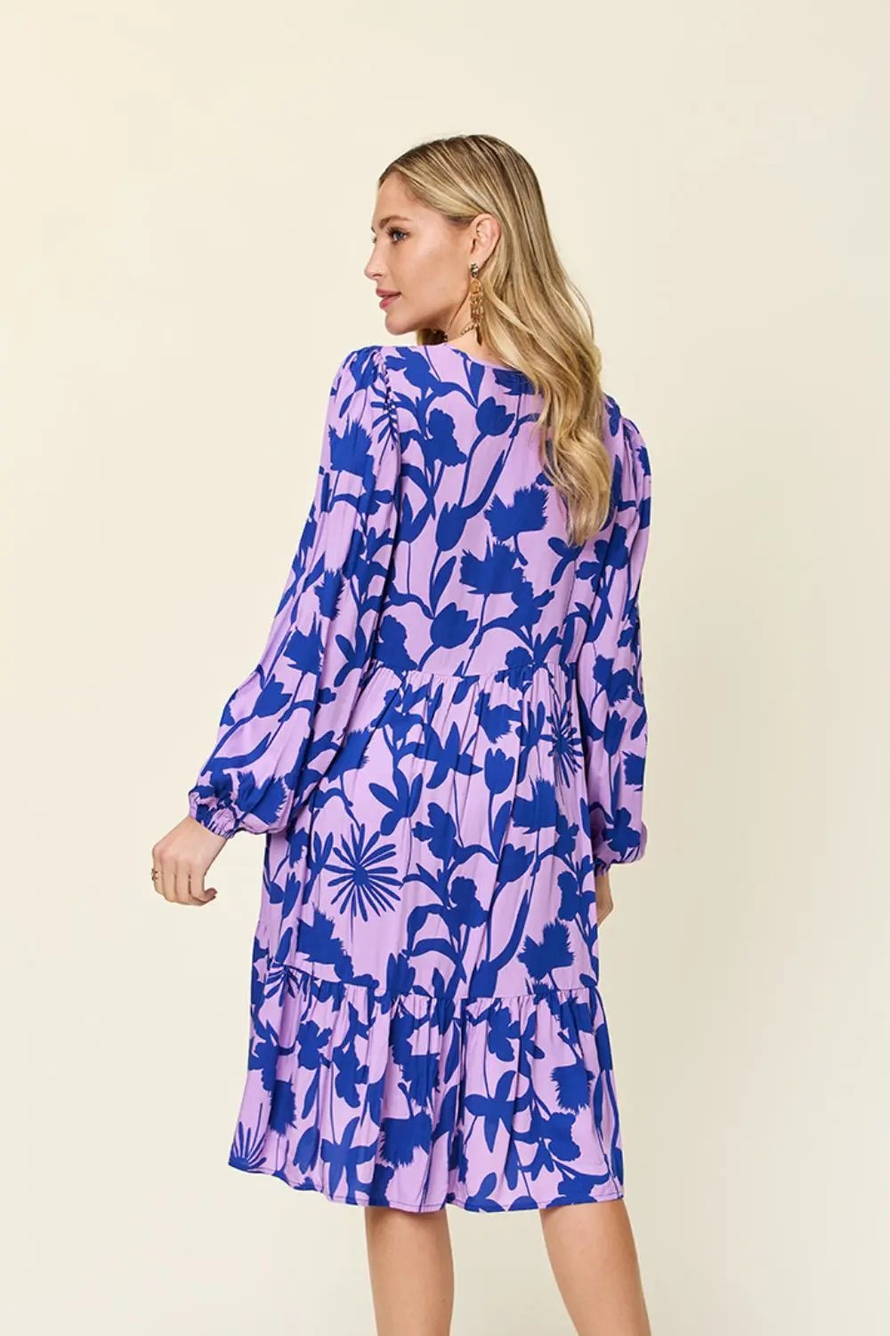 Double Take Full Size Printed Ruffle Hem Long Sleeve Dress - Love Salve