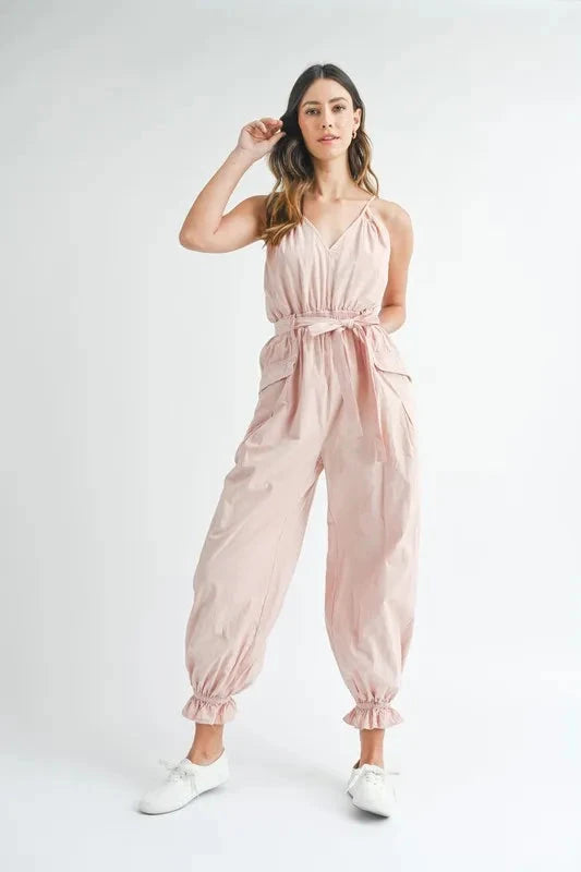 MABLE Washed Fabric Spaghetti Strap Waist Belted Jumpsuit Coco’s Tee Boutique