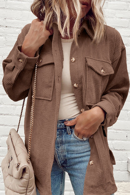 Cozy chestnut corduroy button-up shacket with flap pockets