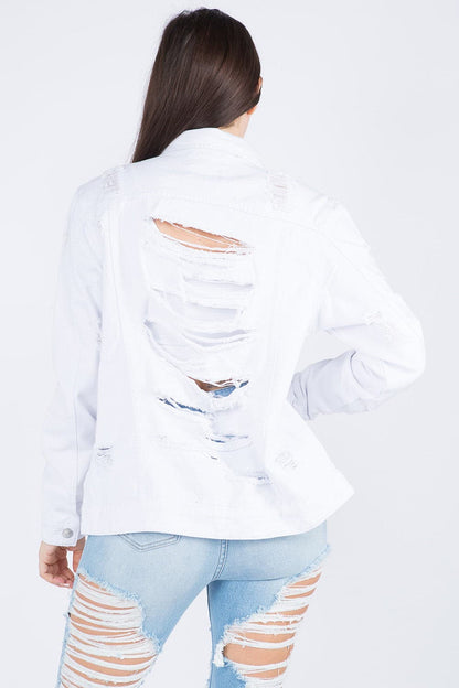 Distressed back button-down denim jacket with a modern twist