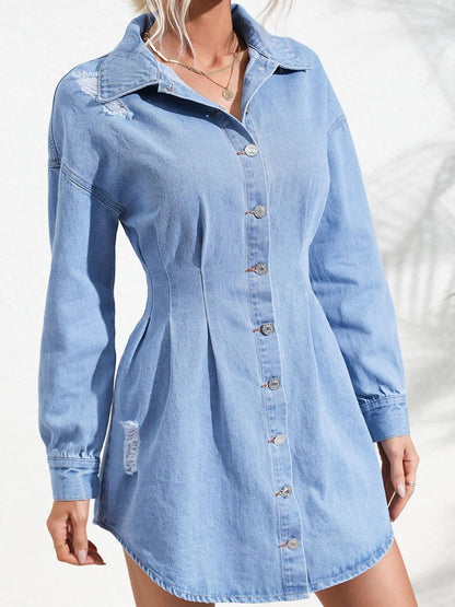 Distressed Button Up Long Sleeve Denim Dress.