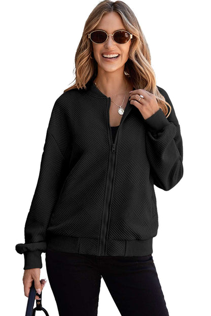 Sleek black bomber jacket with stand neck