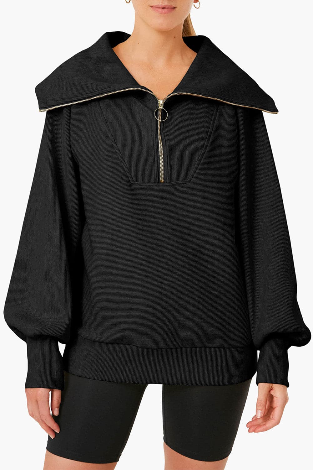 Pocketed Quarter Zip Collared Neck Sweatshirt.