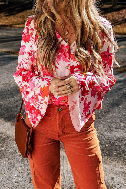 Floral Flare Sleeve Button Up V-Neck Bodysuit.