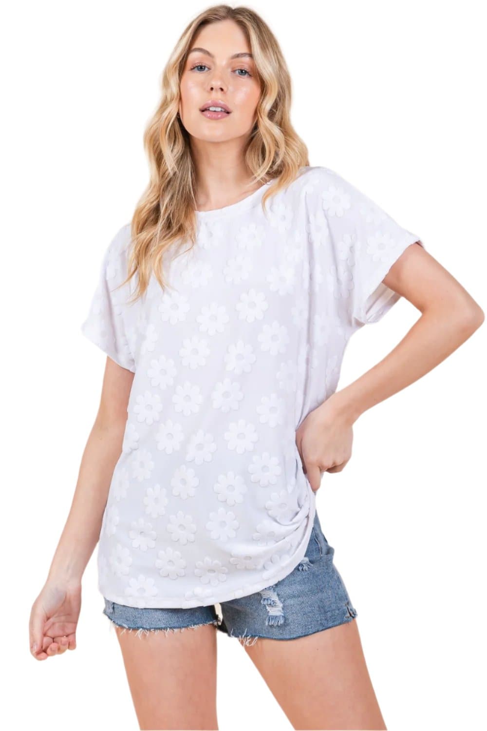 BOMBOM Floral Textured Short Sleeve T-Shirt.