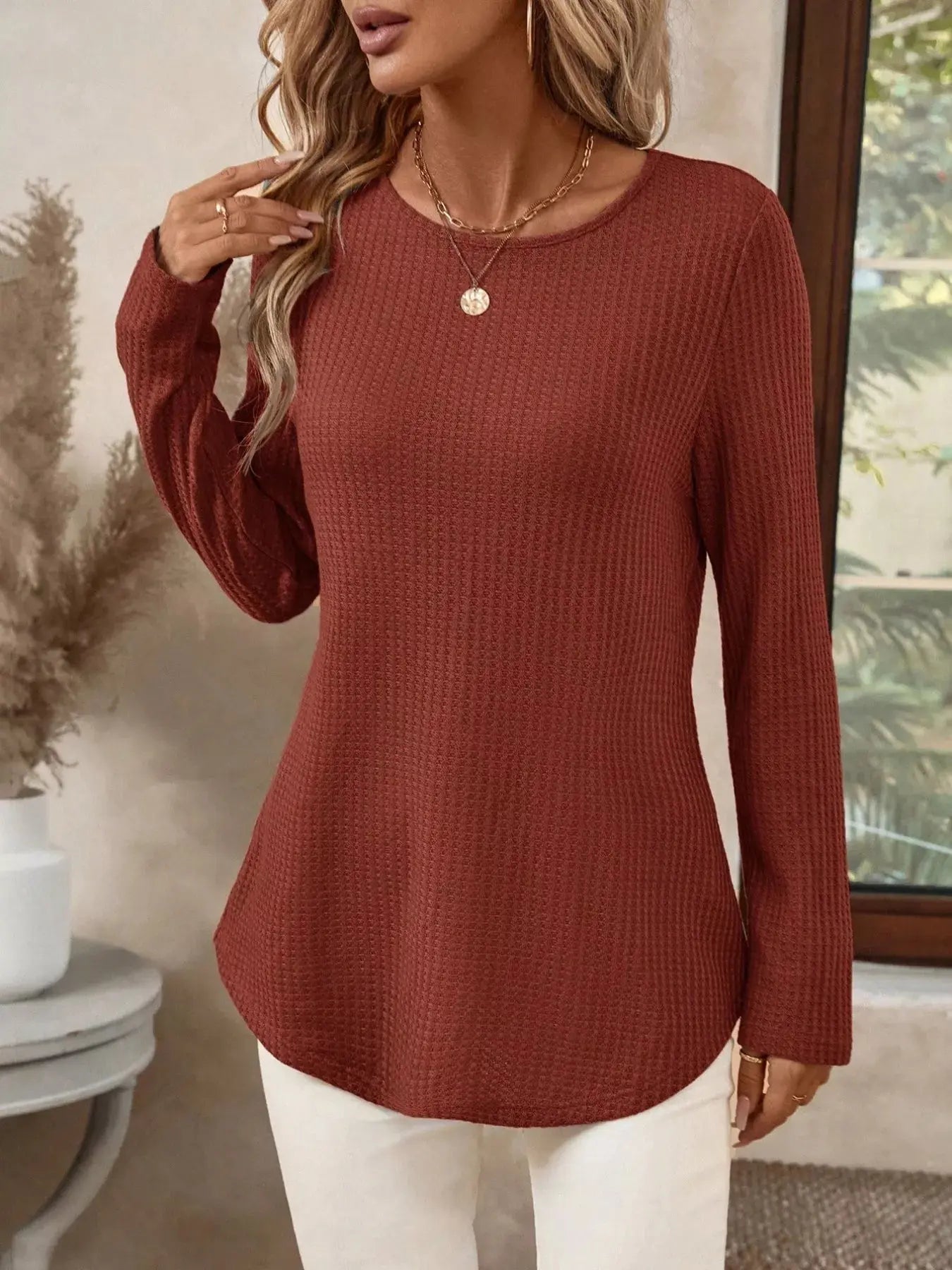 Plus Size Casual Waffle Knit Long Sleeve T-Shirt Simply Love